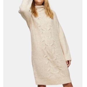 Topshop Central Cable Long Sleeve Cable Knit High Neck Sweater Dress Cream 8-10